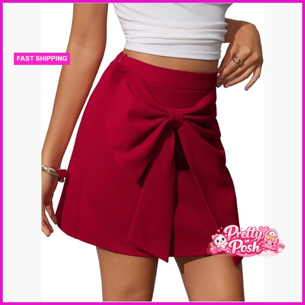 Polyester Bow Front Wrap Mini Skirt High Waist Asymmetrical